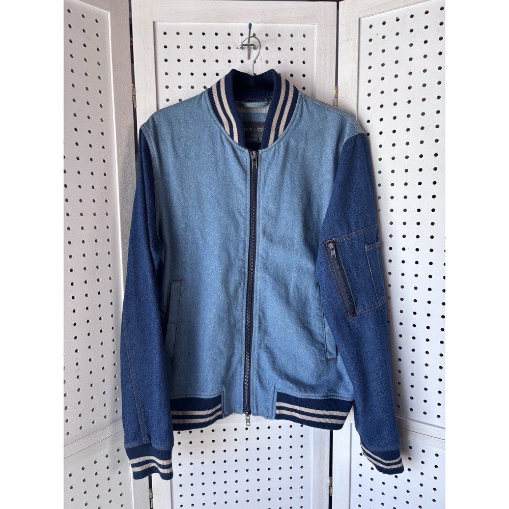 Slate & Stone Denim‎ Two Tone Varsity Jean Jacket Zip Unisex Sz Medium